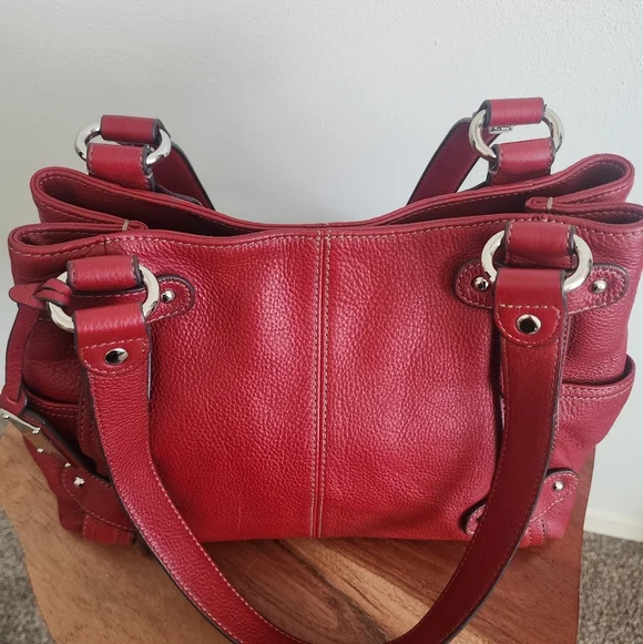 Tignanello Red Pebbled Leather Tote Shoulder Bag Silver Hardware Excellent Cond - Picture 5 of 13